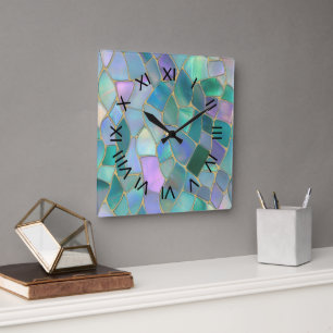Pastel colors stained glass mosaic pattern square wall clock