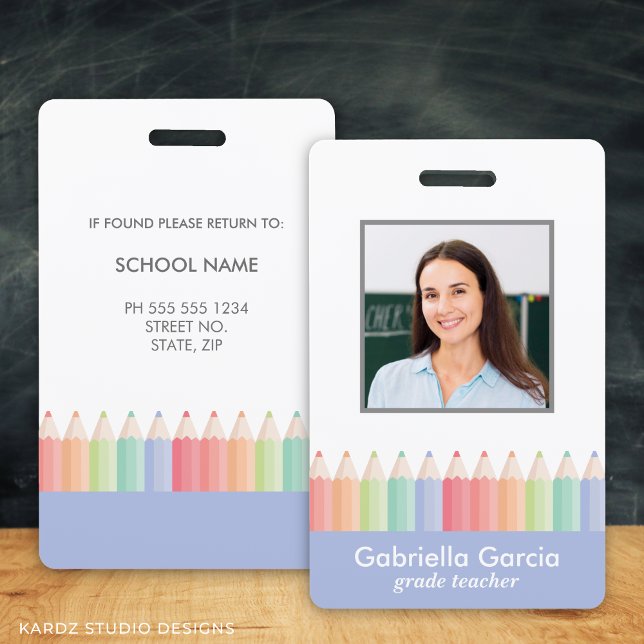 Pastel Colors Teacher School Staff Id Badge (Teacher name badge with picture, in blue and a colorful rainbow. School staff id badge)