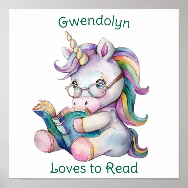 Pastel Colors Unicorn Reading Teal Text Poster (Front)