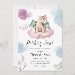 Pastel Colors Watercolor Dragon on Pink Cloud Invitation