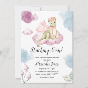 Pastel Colors Watercolor Dragon on Pink Cloud Invitation