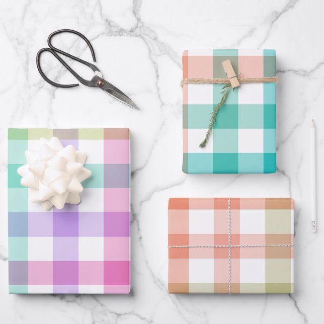 Pastel Colour Gingham Check Plaid Wrapping Paper Sheets (Front)