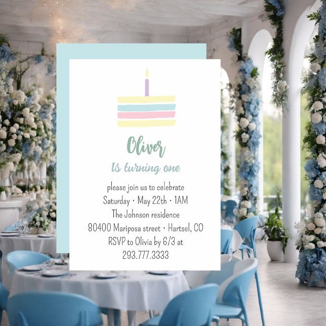 Pastel colourful blue cake 1st Birthday party  Invitation (Creator Uploaded)