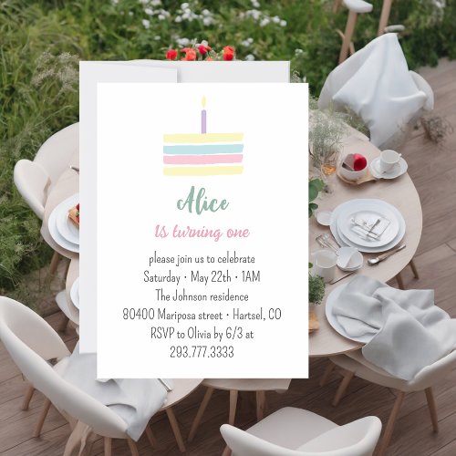 Pastel colourful cake 1st baby girlBirthday party  Invitation