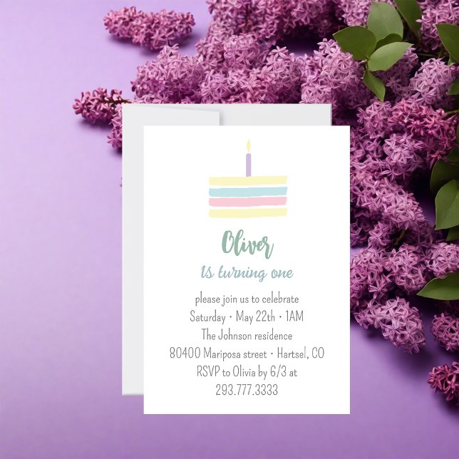 Pastel colourful lilac cake 1st Birthday party   Invitation (Creator Uploaded)