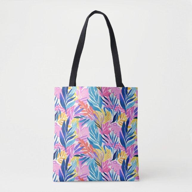Pastel Colourful Tropical Leaf Patterned Tote Bag (Front)