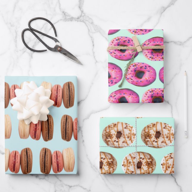 pastel colours cute foodie sweet doughnut macaroon wrapping paper sheets (Front)