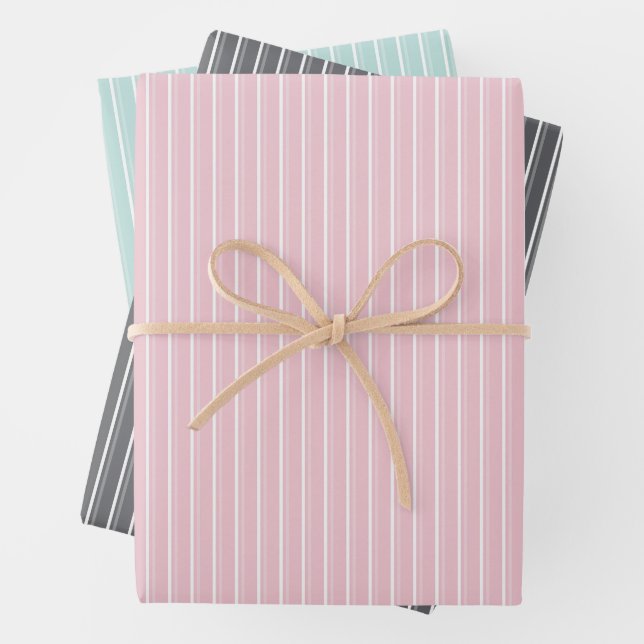 Pastel combination of Gray, Pink, Mint Stripes Wrapping Paper Sheets (In situ)