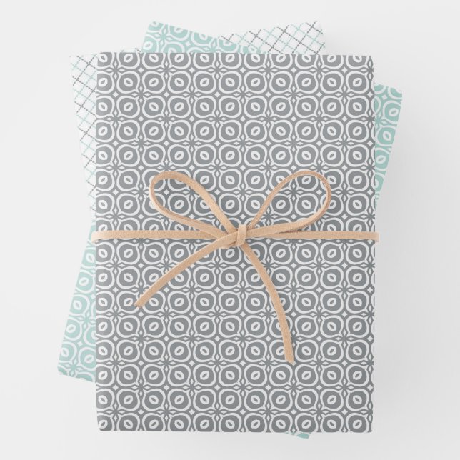 Pastel combination of Retro Gray, Mint, Geometric Wrapping Paper Sheets (In situ)