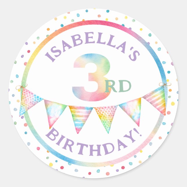 Pastel Confetti 3rd Birthday Favor Sticker (Front)