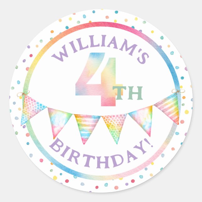 Pastel Confetti 4th Birthday Favor Sticker (Front)