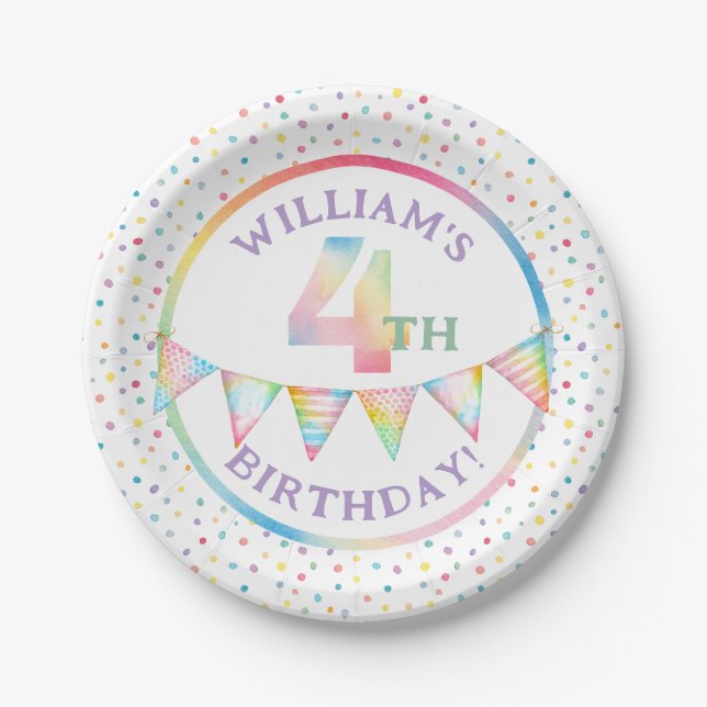 Pastel Confetti 4th Birthday Party Plates (Front)