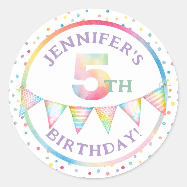 Pastel Confetti 5th Birthday Favor Sticker (Front)