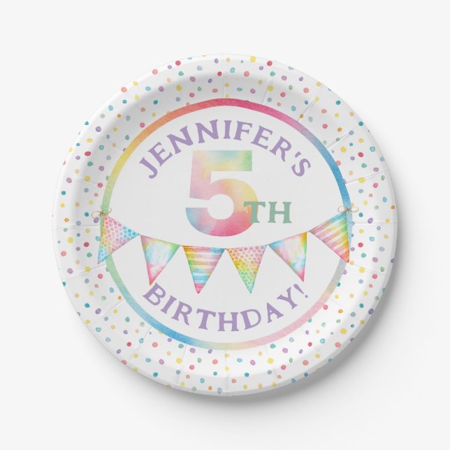 Pastel Confetti 5th Birthday Party Plates (Front)