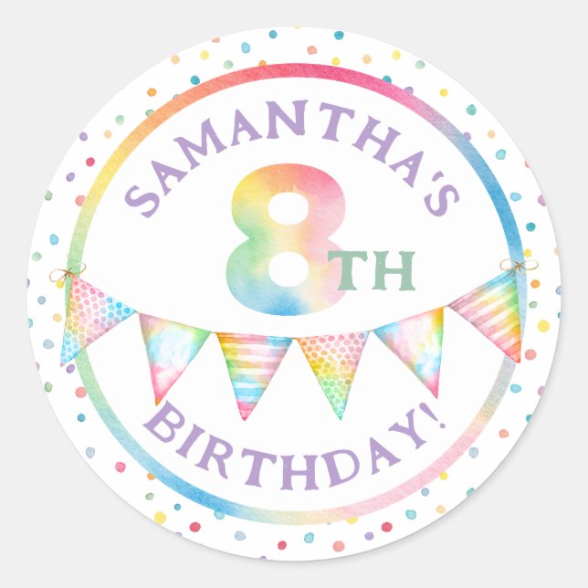Pastel Confetti 8th Birthday Favor Sticker (Front)