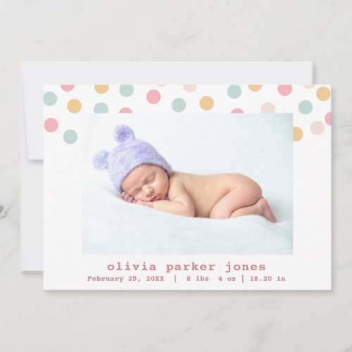 Pastel Confetti Dots Photo Collage Girl Birth Announcement