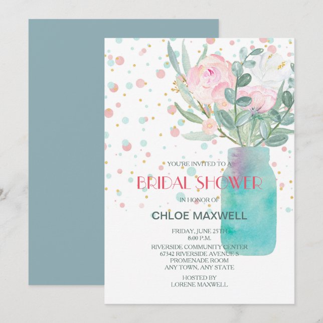 Pastel Confetti Mason Jar Bridal Shower Invitation (Front/Back)