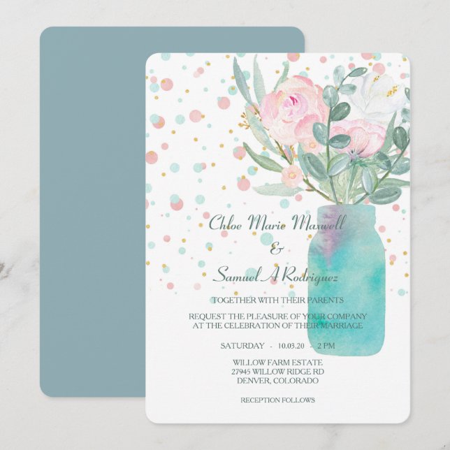 Pastel Confetti Mason Jar Flowers Wedding Invitation (Front/Back)