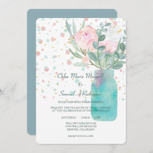 Pastel Confetti Mason Jar Flowers Wedding Invitation