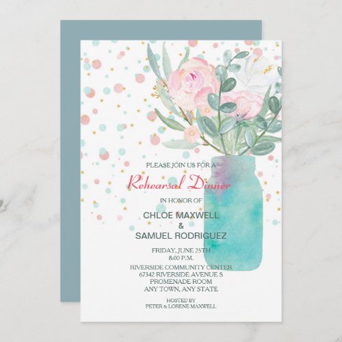 Pastel Confetti Mason Jar Wedding Rehearsal Dinner Invitation