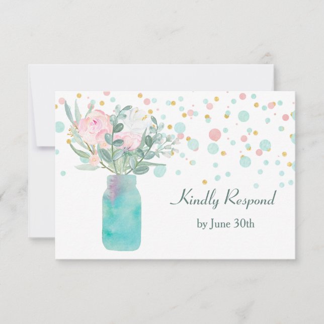 Pastel Confetti Mason Jar Wedding RSVP Card (Front)
