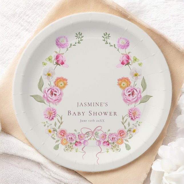 pastel coquette Floral Wreath Baby Shower  Paper Plates (Creator Uploaded)