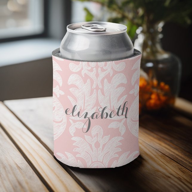 Pastel Coral and Gray Damask Pattern for Women Can Cooler (Personalized can cooler with custom text)