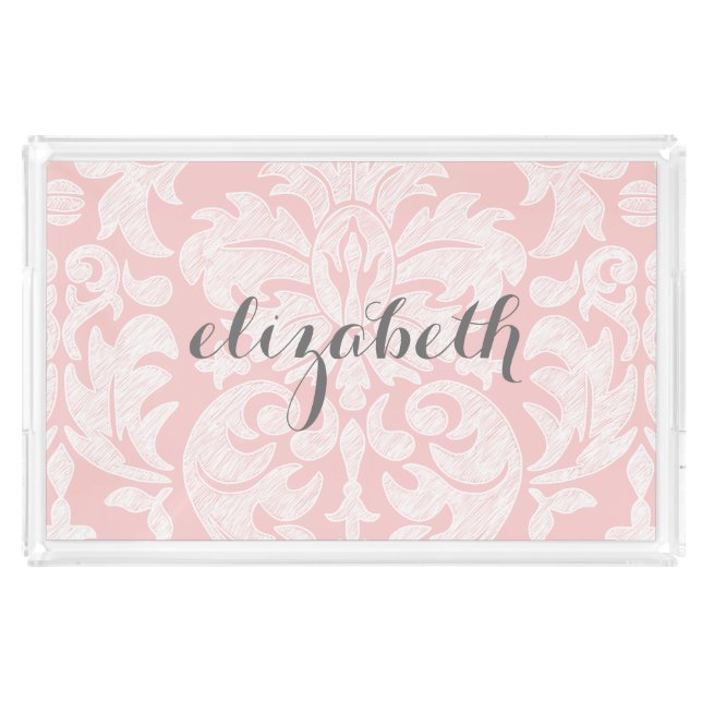 Pastel Coral and Gray Damask Suite for Women Acrylic Tray (Front)