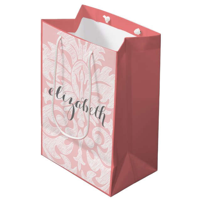 Pastel Coral and Gray Damask Suite for Women Medium Gift Bag (Front Angled)