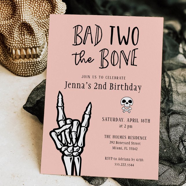 Pastel Coral Bad Two The Bone 2nd Birthday Party Invitation (Creator Uploaded)