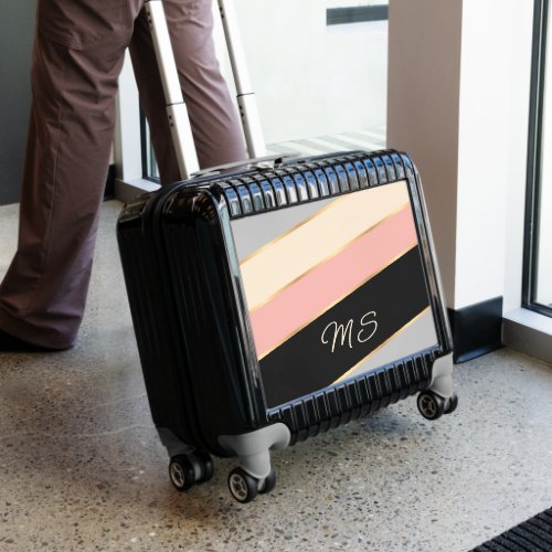 Pastel Coral Blush Pink Ecru Black Stripes Pattern Luggage