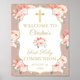 Pastel Coral Floral First Holy Communion Welcome Poster