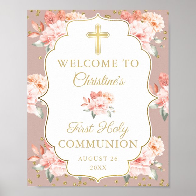 Pastel Coral Floral First Holy Communion Welcome Poster (Front)
