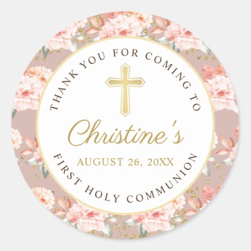 Pastel Coral Floral Gold Cross 1st Holy Communion Classic Round Sticker