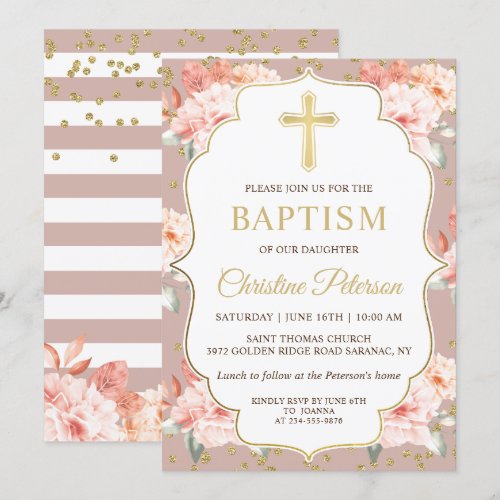 Pastel Rosy Floral Gold Cross Girl Baptism Invitation