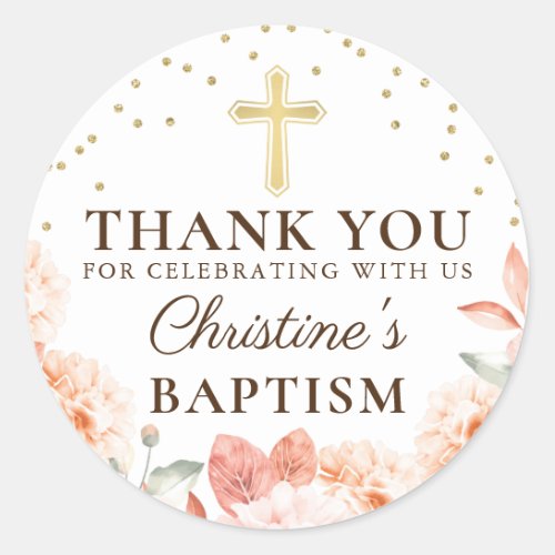 Pastel Coral Floral Gold Glitter Baptism Thank You Classic Round Sticker
