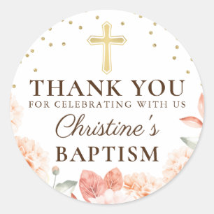 Pastel Coral Floral Gold Glitter Baptism Thank You Classic Round Sticker