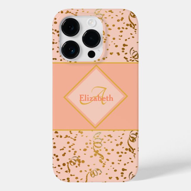Pastel Coral Gold Confetti Monogram Custom Name Case-Mate iPhone Case (Back)