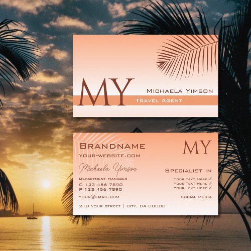 Pastel Coral Gradient and Palm Leaf with Monogram Business Card