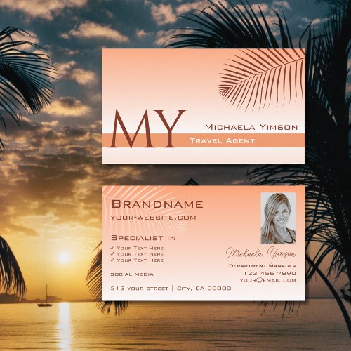 Pastel Coral Gradient Palm Leaf Monogram and Photo Business Card