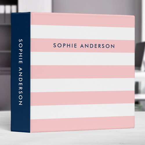Pastel Coral Pink and White Stripes with Blue Side 3 Ring Binder