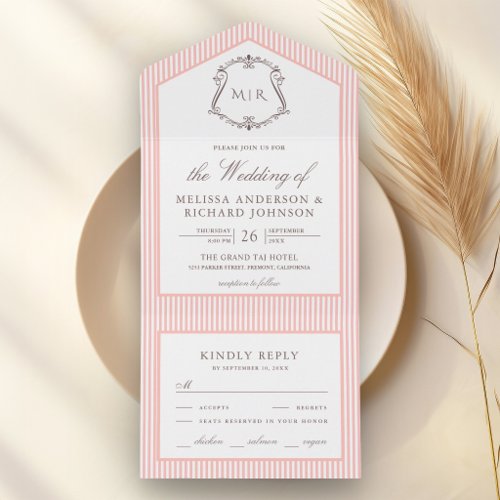Pastel Coral Pink Striped Crest Monogram Wedding All In One Invitation