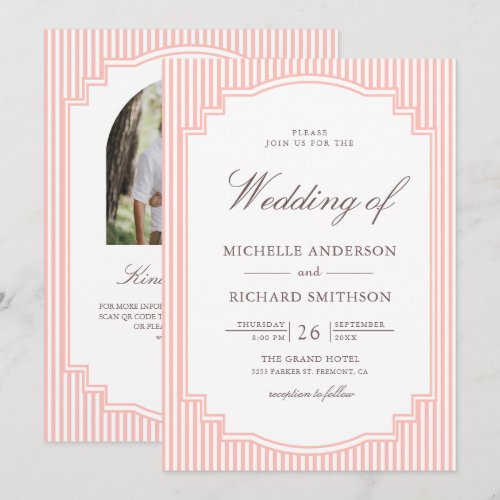 Pastel Coral Pink Striped Photo QR Code Wedding Invitation