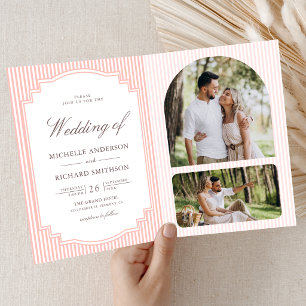 Pastel Coral Pink Striped Photo QR Code Wedding Invitation