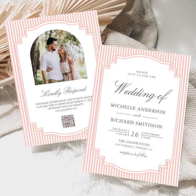 Pastel Coral Pink Striped Photo QR Code Wedding Invitation (Creator Uploaded)
