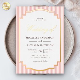 Pastel Coral Pink Striped Photo Wedding Gold Foil Invitation