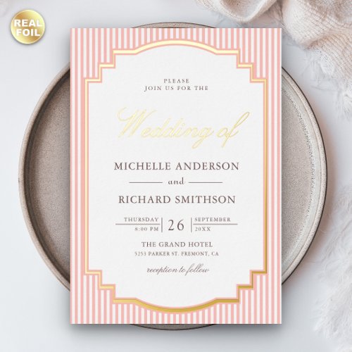 Pastel Coral Pink Striped Photo Wedding Gold Foil Invitation