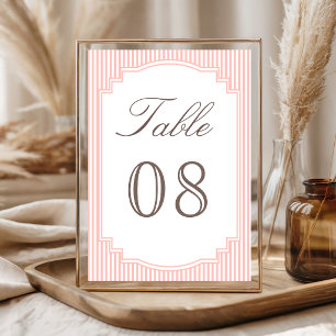 Pastel Coral Pink Striped Wedding Table Number