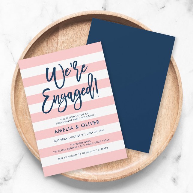 Pastel Coral Pink Stripes Blue Engagement Party Invitation (Creator Uploaded)