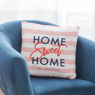 Pastel Coral Pink Stripes Blue Home Sweet Home Throw Pillow